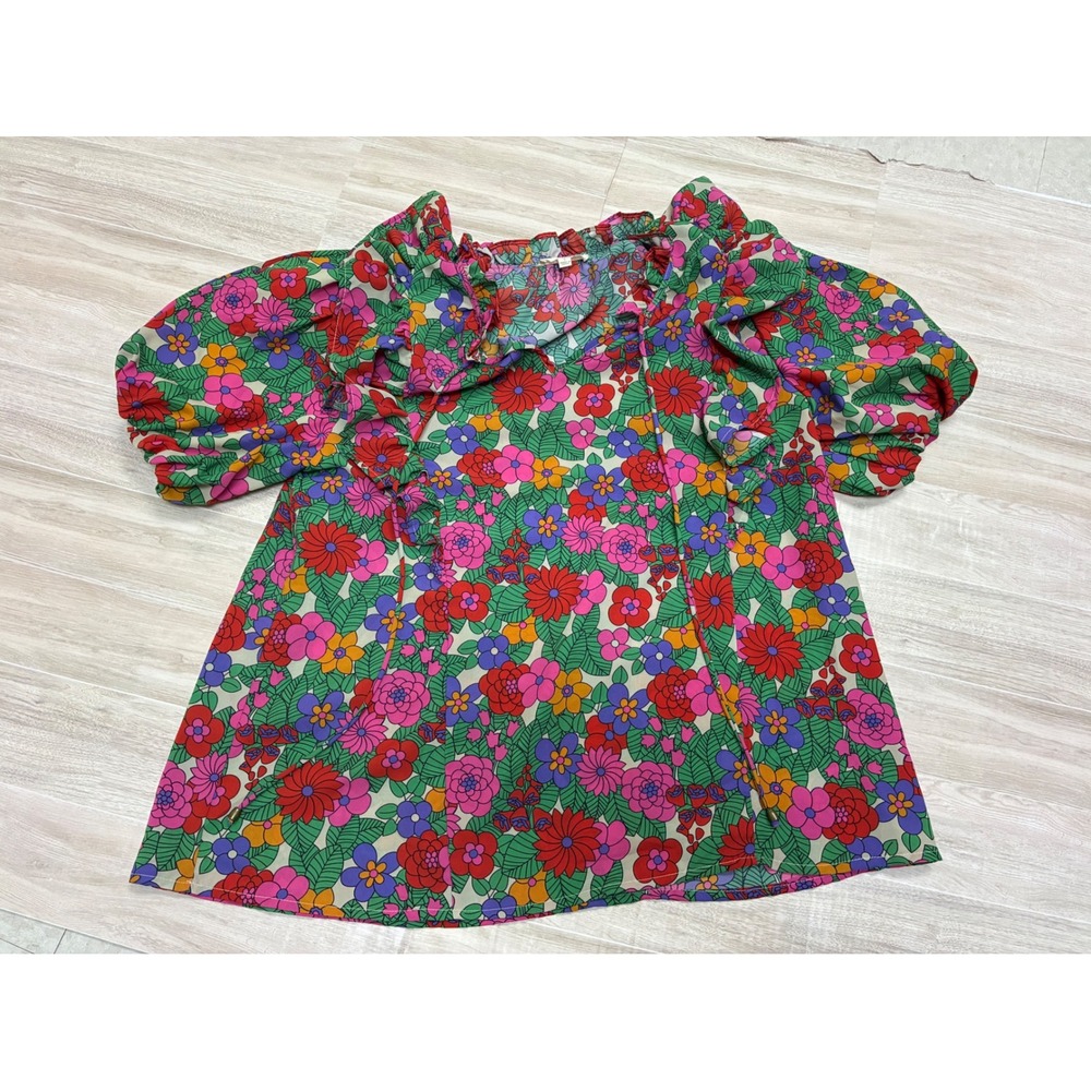 entro Floral Ruffle Puff Sleeve Blouse Retro Multicolor V-Neck L